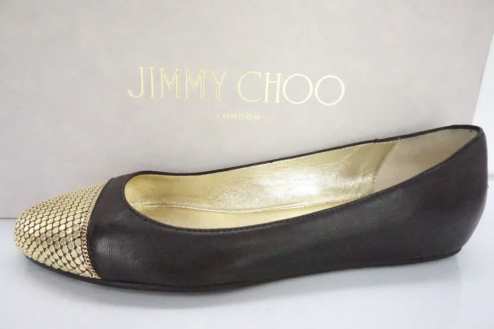 Jimmy Choo Waine Black Leather Gold Stud Cap Toe Ballet Flats Size 35 NIB $565